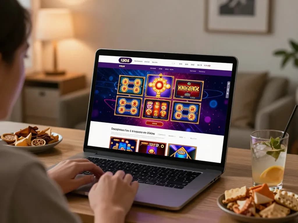 Player exploring luck8's engaging slot games on tablet in cozy home setting.