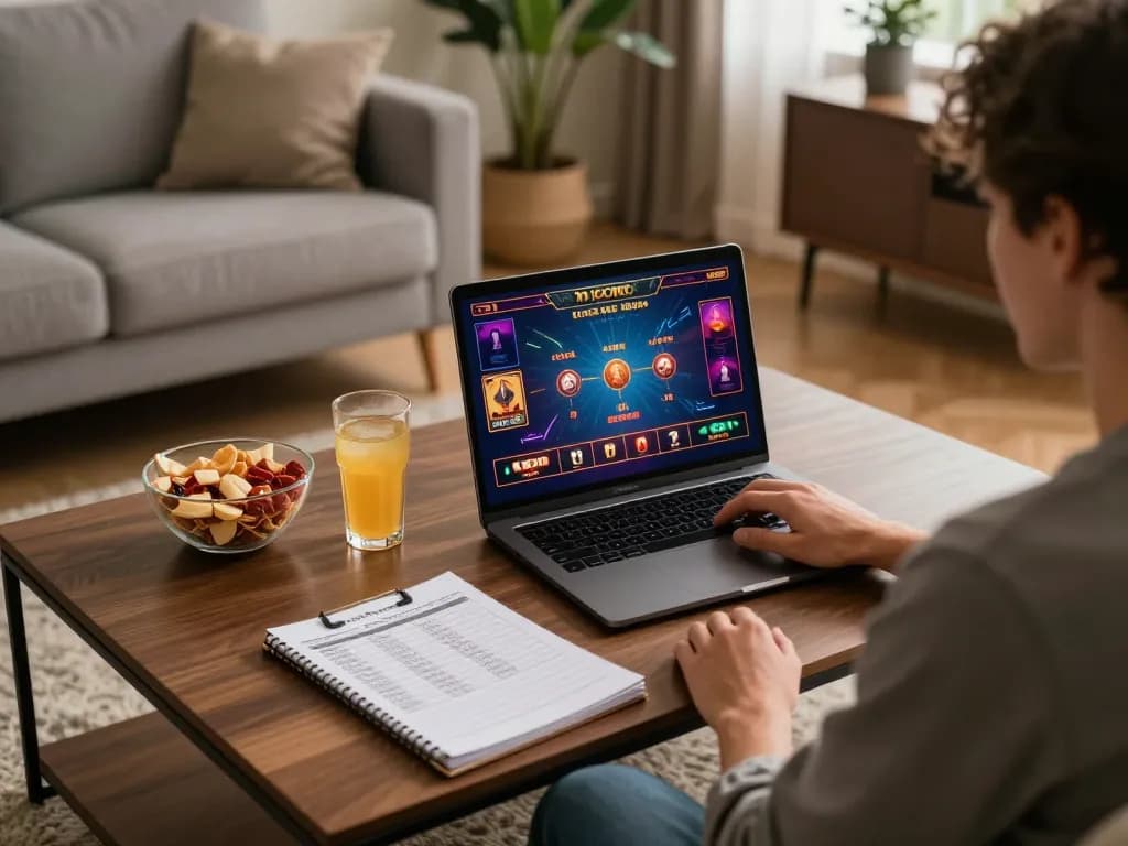 Player engaging with alo8 online casino on laptop, surrounded by snacks and strategy notes.
