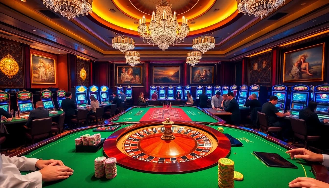 Sunwin casino gaming scene featuring roulette wheels, vibrant tables, and players engaged in gambling.