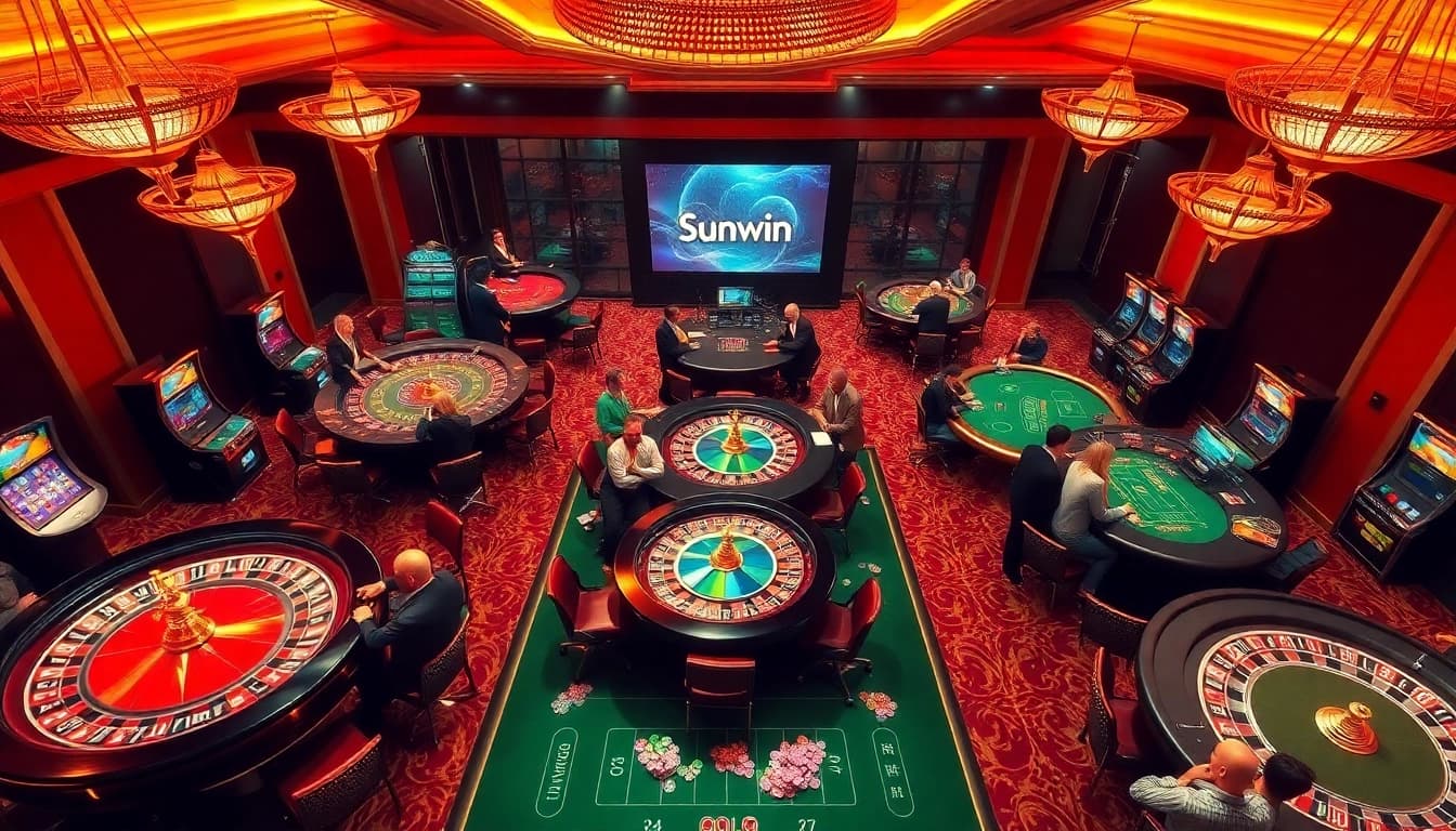 Exciting casino gameplay featuring sunwin poker tables, vibrant roulette wheels, and colorful chips.