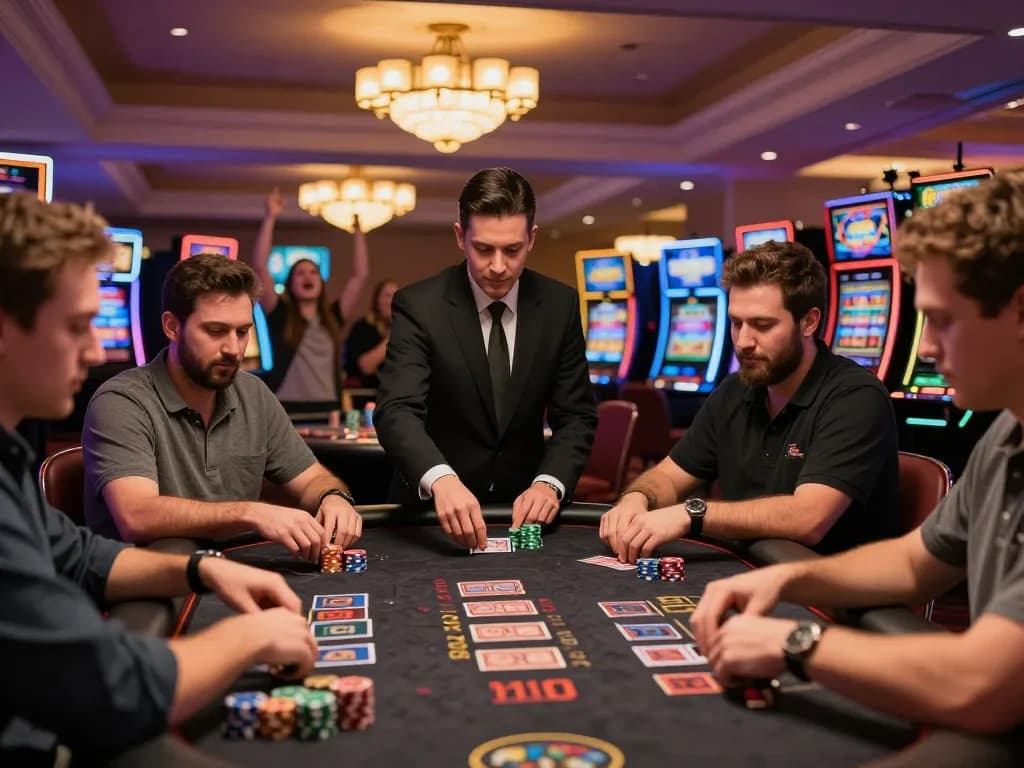 SIN88 players strategizing at a bustling blackjack table in a lively casino atmosphere