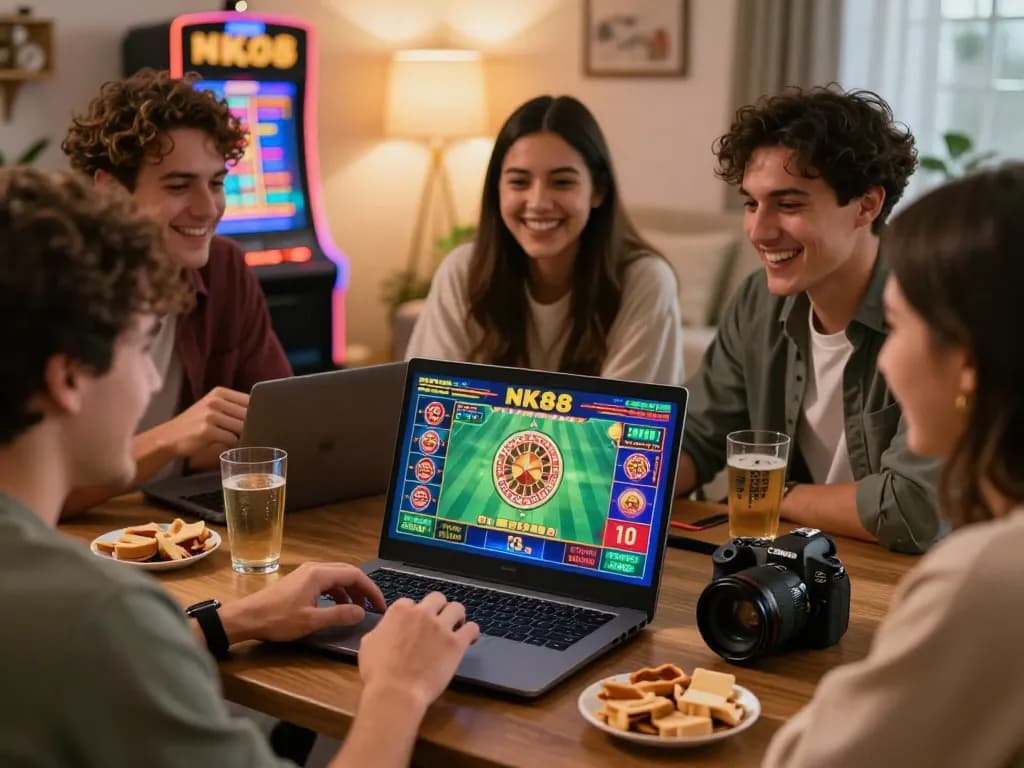Excited friends enjoying online betting at NK88 with vibrant gaming visuals.