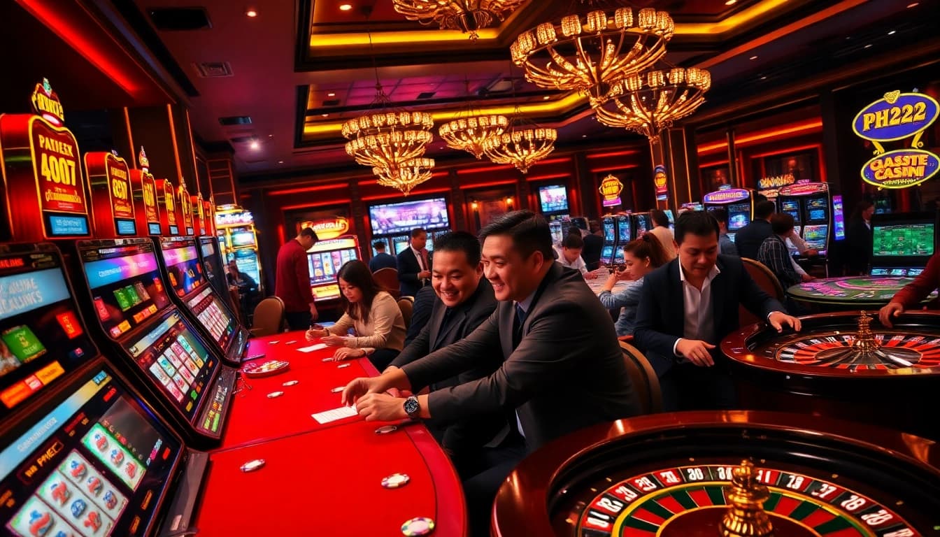 Experience the excitement at PH222 casino with players engaged at vibrant gaming tables.
