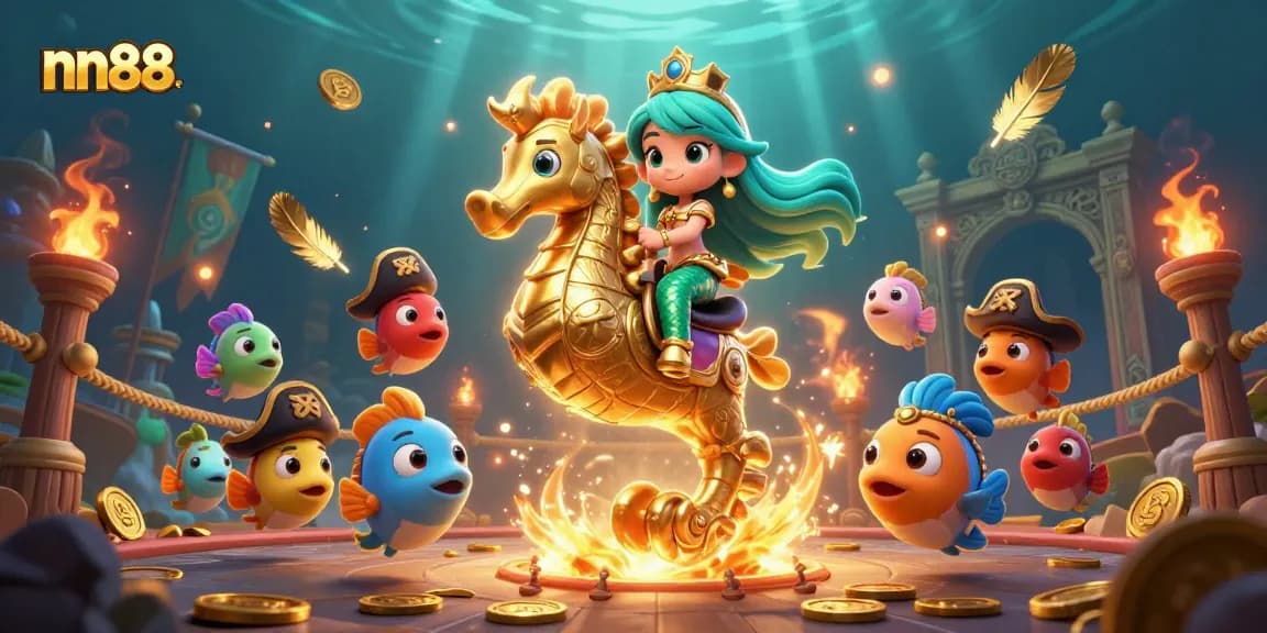 Engage with nn88's vibrant casino adventures featuring a mermaid and seahorse in a dynamic underwater scene.