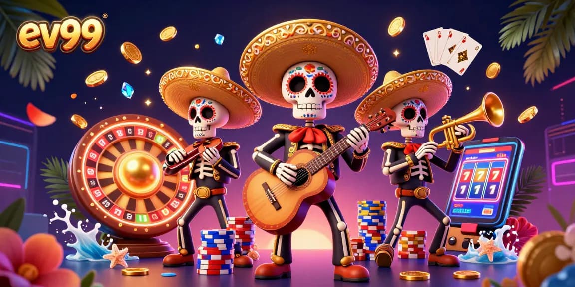 ev99 showcases a vibrant skeleton mariachi band amid sparkling gambling elements in an electrifying casino scene.