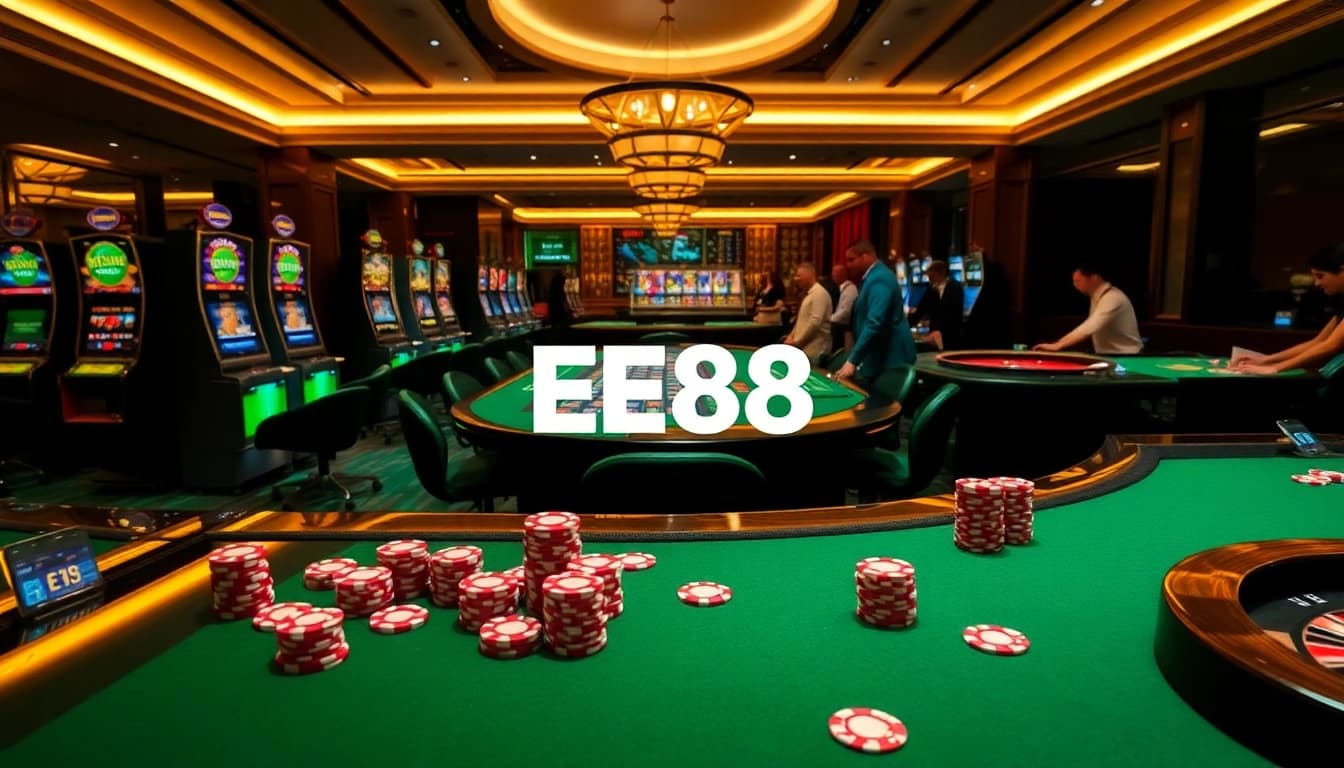 Experience the thrill of gambling at EE88 with vibrant casino tables and eager players.