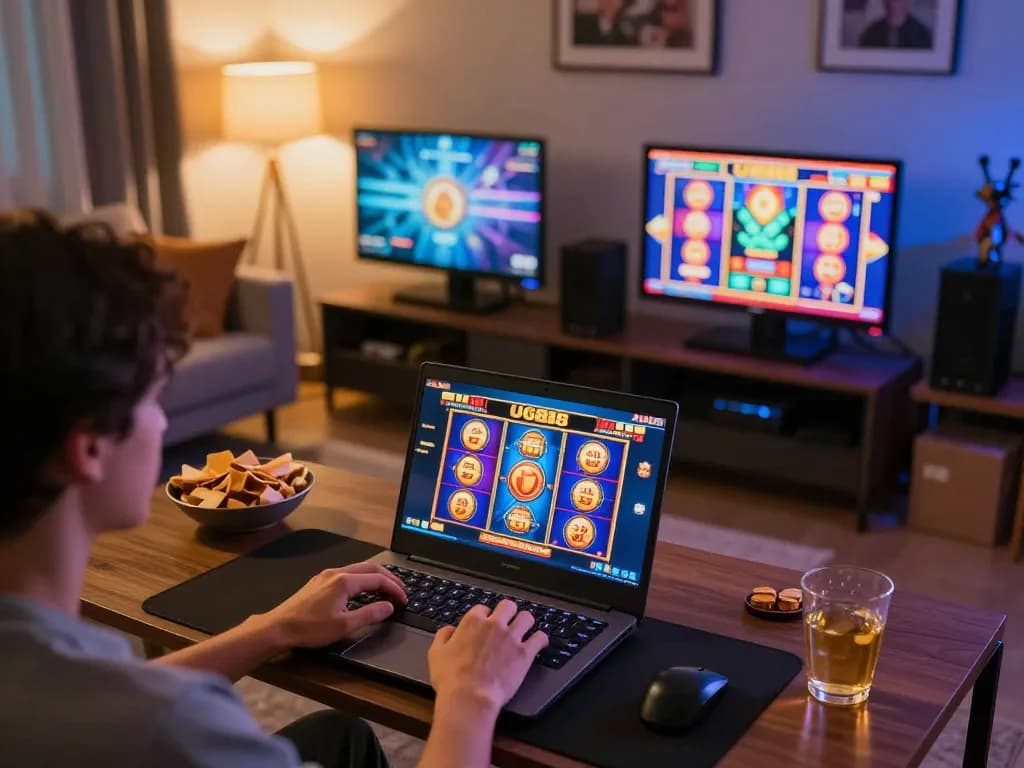 Player enjoying vibrant slot games on UG88, surrounded by snacks in a cozy atmosphere.
