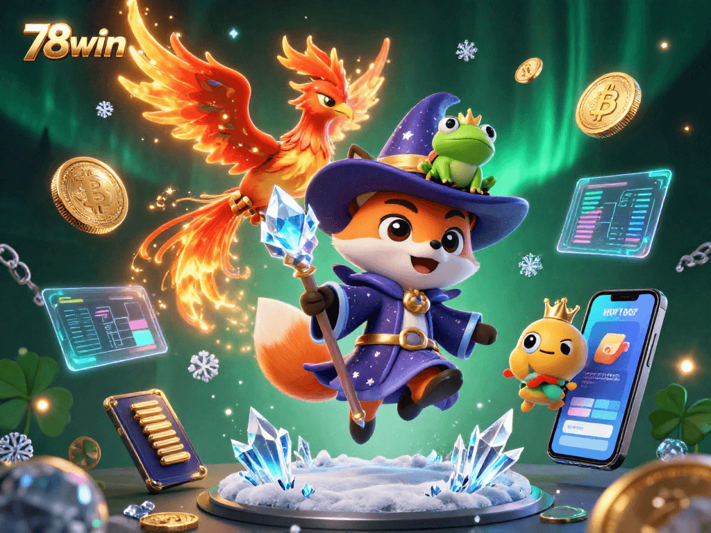 Experience thrilling action at 78win with mystical wizard fox and phoenix in a vibrant casino illustration.