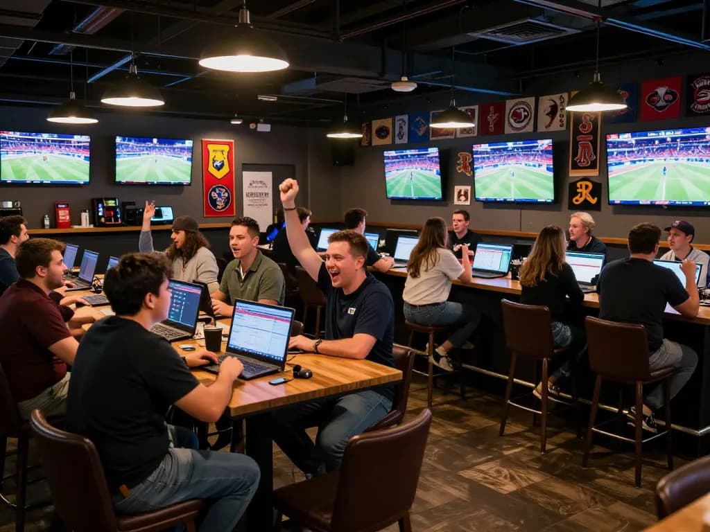 Cheering bettors place bets at Nk88’s vibrant sports betting lounge during a major event.