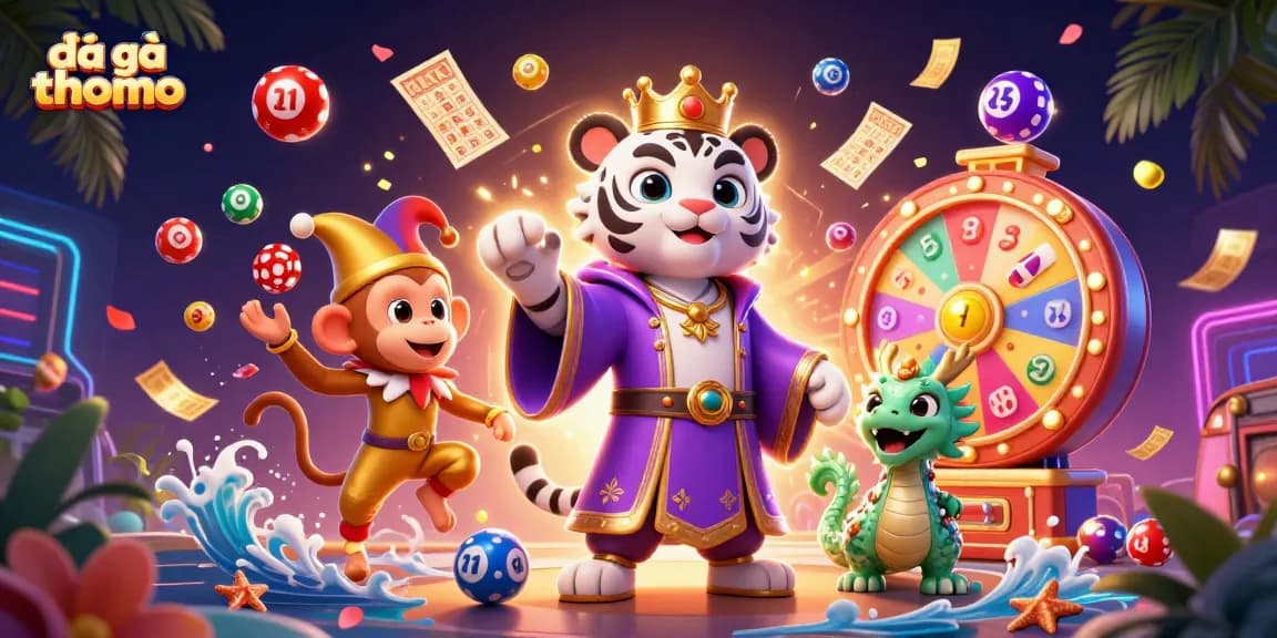 Watch thrilling đá gà thomo matches come to life in this vibrant 3D illustration, showcasing rich casino elements.