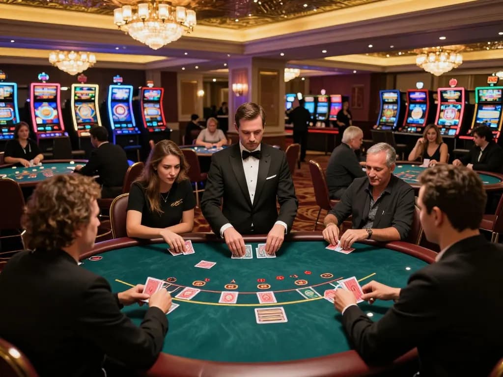 Players enjoying poker at 888top's elegant casino, vibrant atmosphere and excitement reflecting in their interactions.