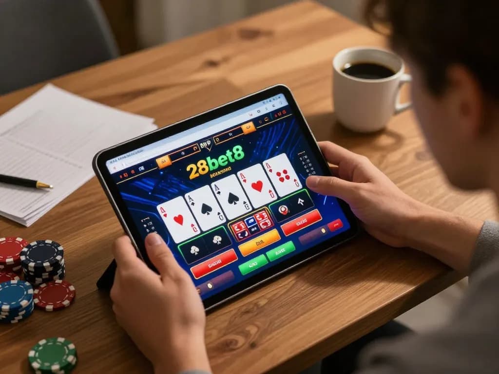 Player engaging in online gaming at 28bet8, focused on tablet showing poker game.