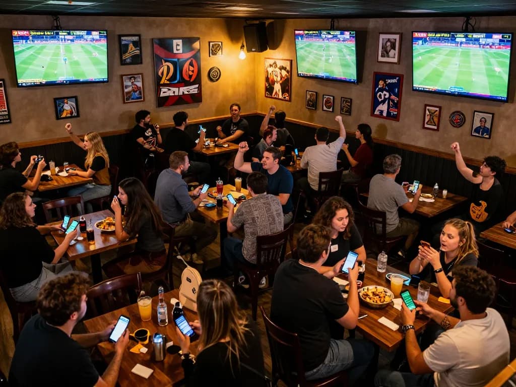 Sports enthusiasts using the 28betca app to place bets while enjoying live games at a bustling sports bar.