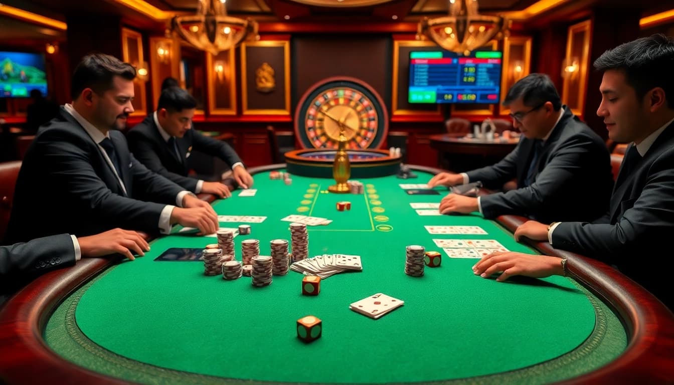 Hi88 poker players engaged in an intense competition at a vibrant casino table.