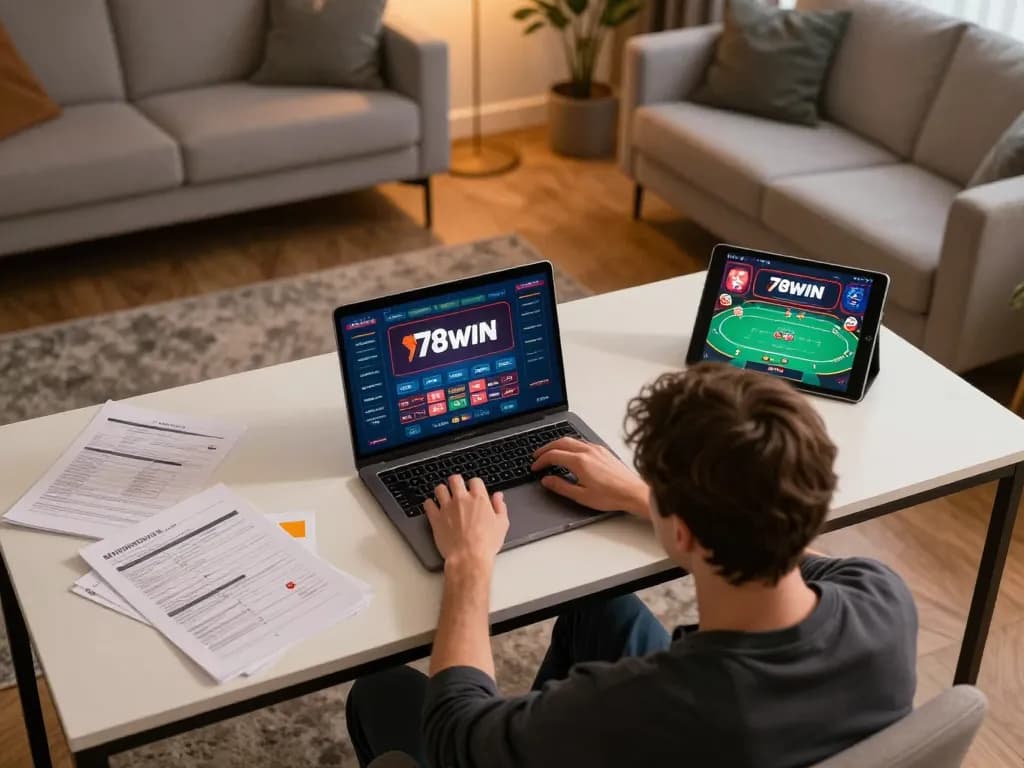 Person enjoying 78win online gaming on a cozy laptop setup, blending strategy and fun in their home.