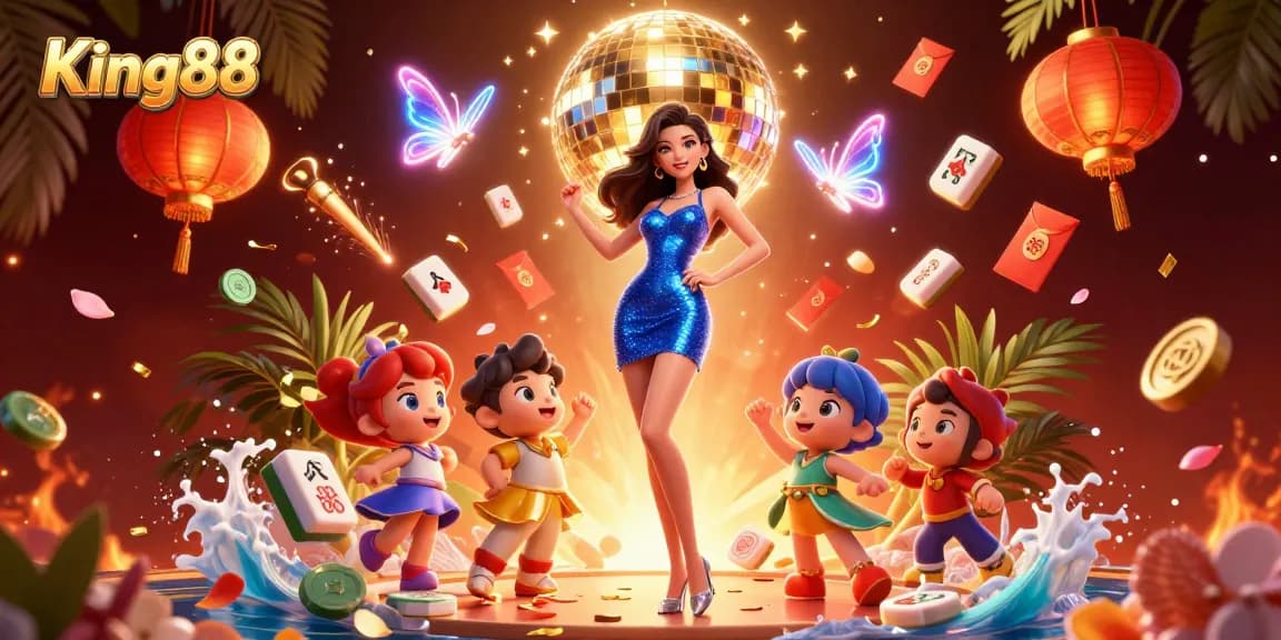 King88 showcases thrilling casino action with a glamorous dancer amidst vibrant gaming elements.