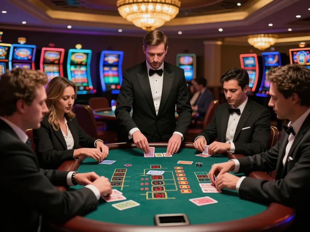 Players strategizing at the blackjack table in 98win casino, capturing an engaging gaming moment.
