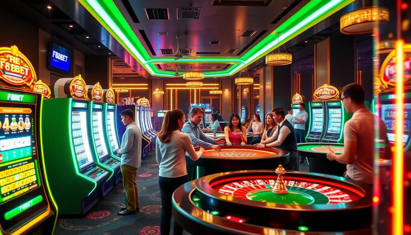 Players enjoying high-stakes gaming experiences at F8BET themed casino tables and machines.