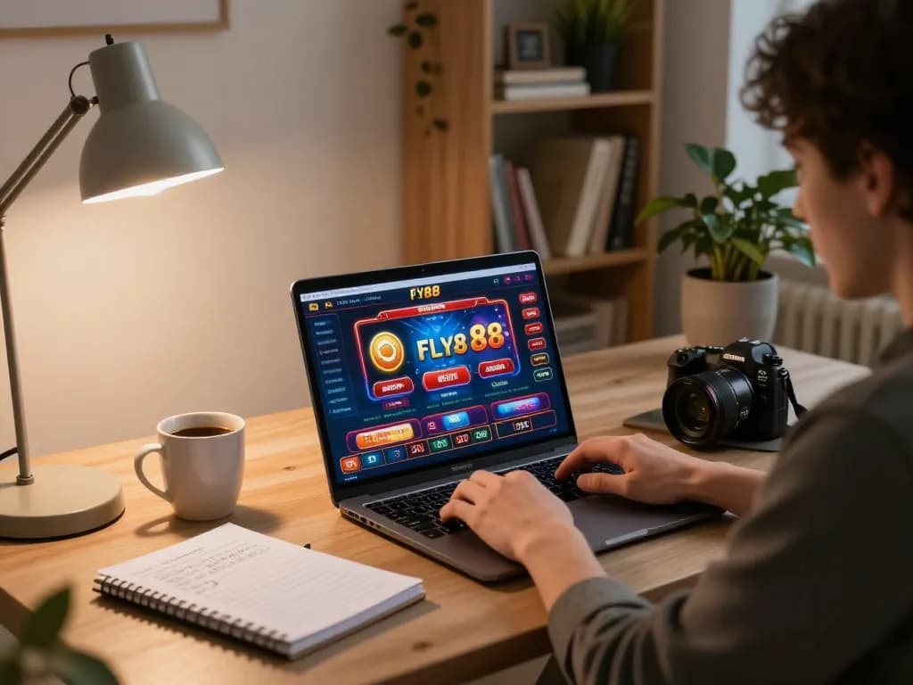 Engaging in strategic online casino gameplay on Fly88 interface from a cozy modern setup