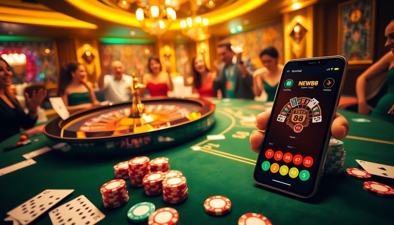 Players engaging with the NEW88 app at an elegant casino table surrounded by chips and cards.