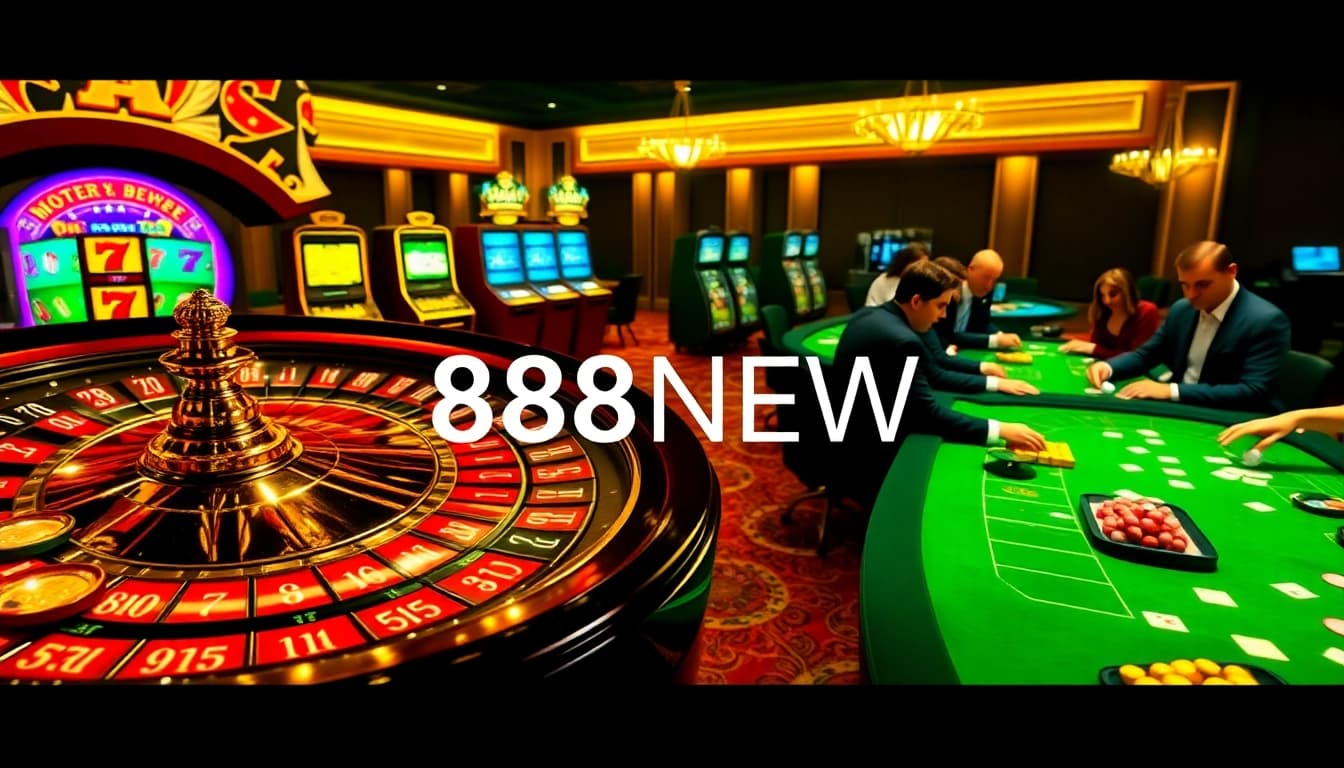 Experience thrilling gameplay at 888NEW with vibrant casino visuals, including roulette, poker, and slot machines.