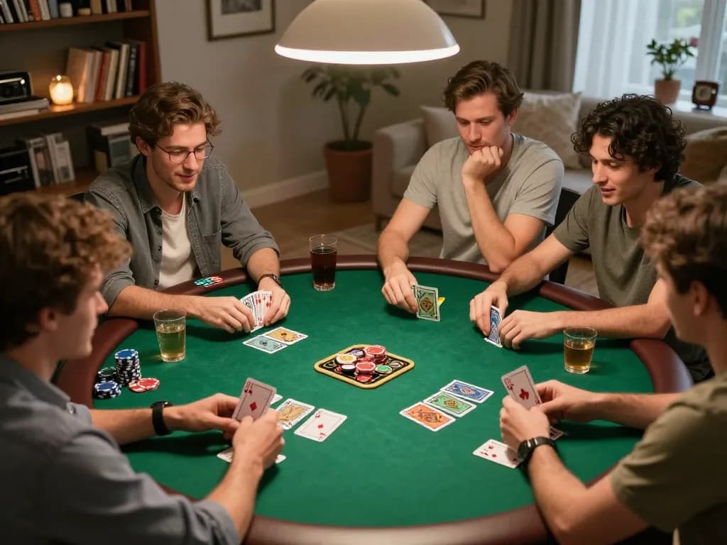 Friends engaged in a friendly poker game at home, showcasing strategic play with Hoiquantv atmosphere.