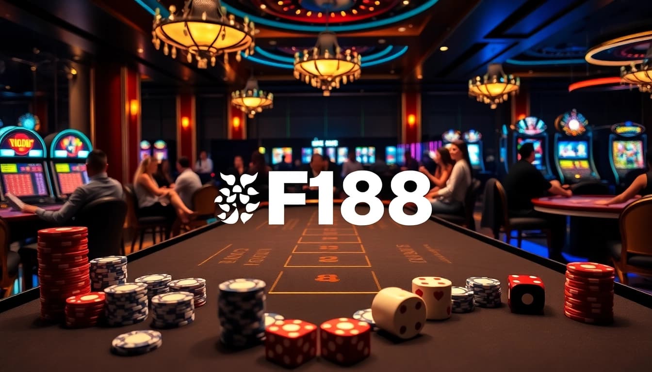 Experience the thrill of F168 casino gaming with vibrant tables, poker chips, and lively players.