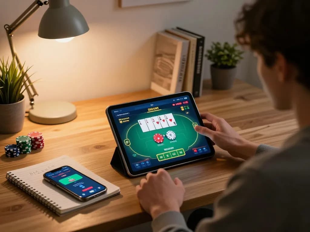 Engaging in poker gameplay on Sin88's online platform within a cozy home gaming setup.