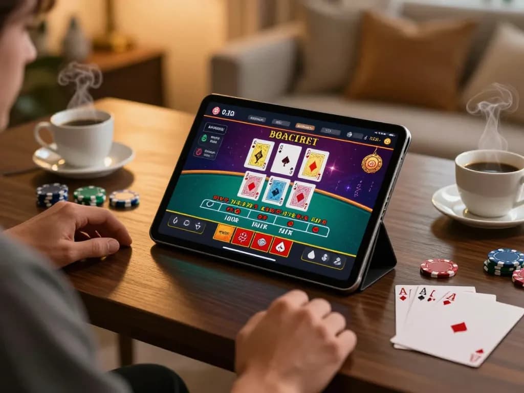 Player enjoying live dealer Baccarat on SC88 mobile app, showcasing engaging betting screen and warm home ambiance.