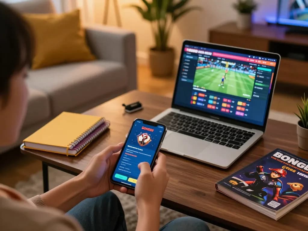 BONG88 user engaging with live betting app on a smartphone in a cozy living room setting