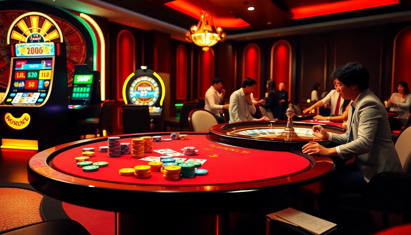 Tài Xỉu MD5 gameplay highlights with poker chips and a spinning roulette wheel in a luxurious casino.