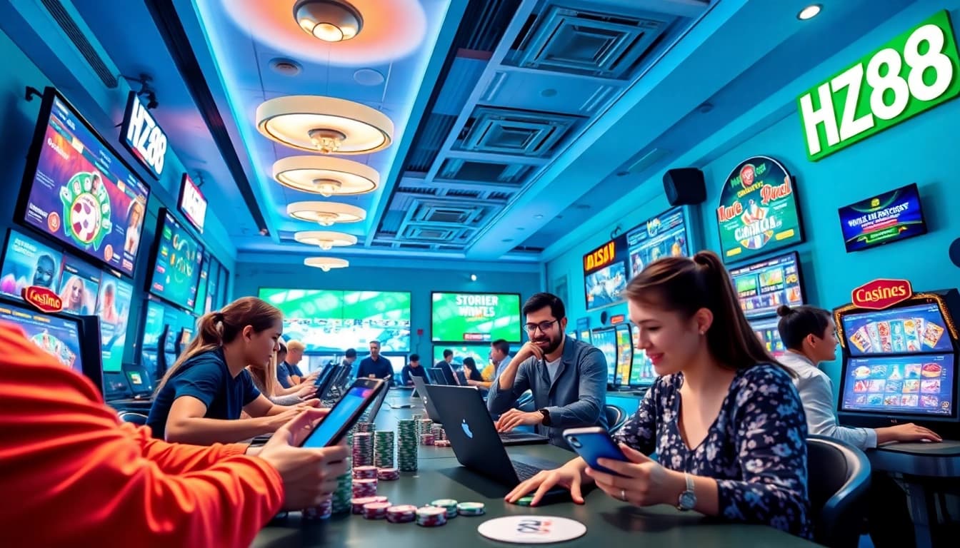 HZ88 online gaming platform with users enjoying live casino and sports betting experiences.