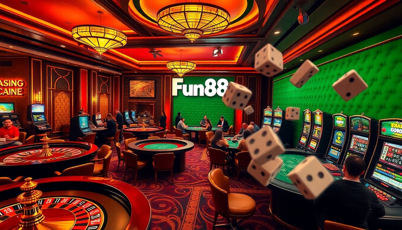 Fun88 players enjoying thrilling casino games and vibrant slot machines in an opulent setting.