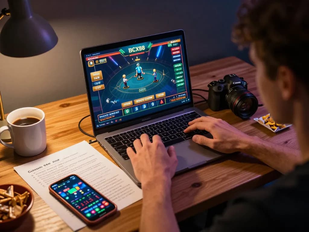 Experience dynamic gameplay with BCX88 in a cozy home gaming setup, laptop displaying exciting casino games