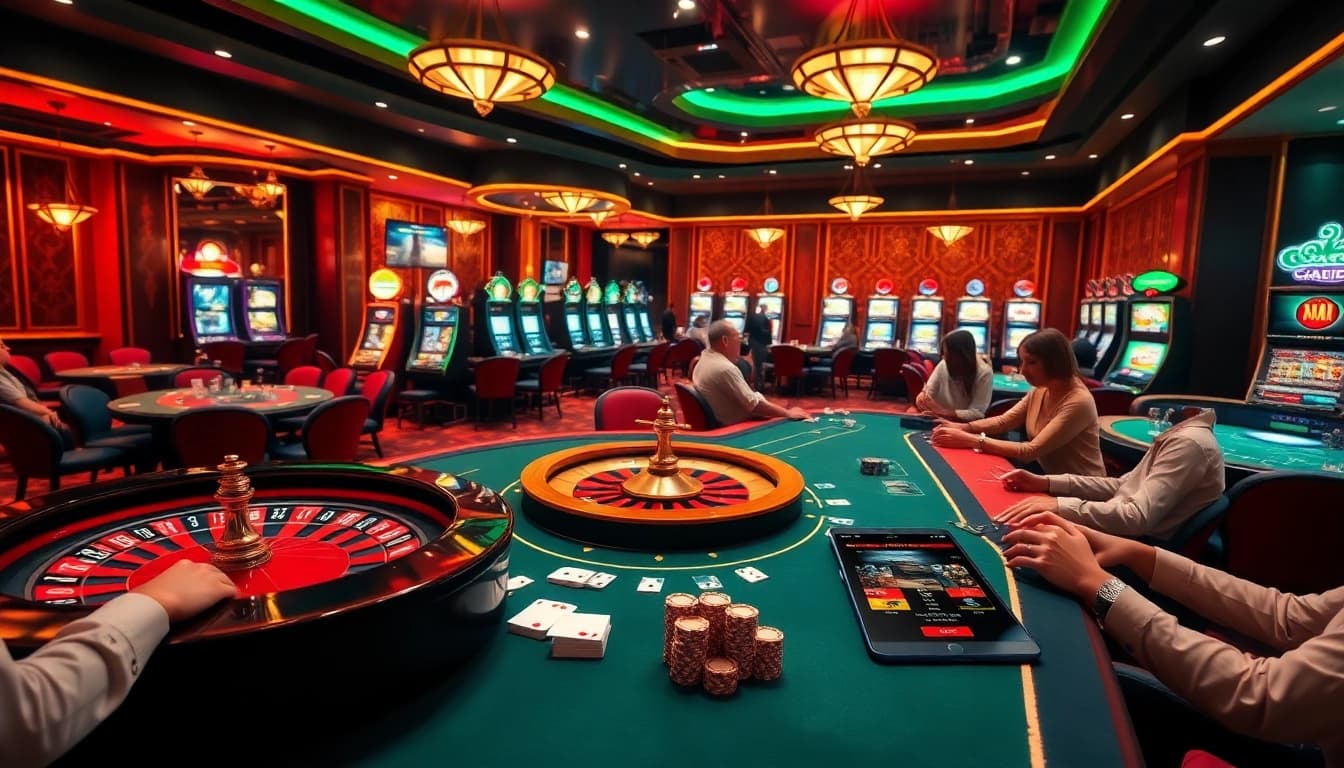 A vibrant casino scene featuring players at tables and showcasing the interface of https://rr9988.net/ for an immersive gambling experience.