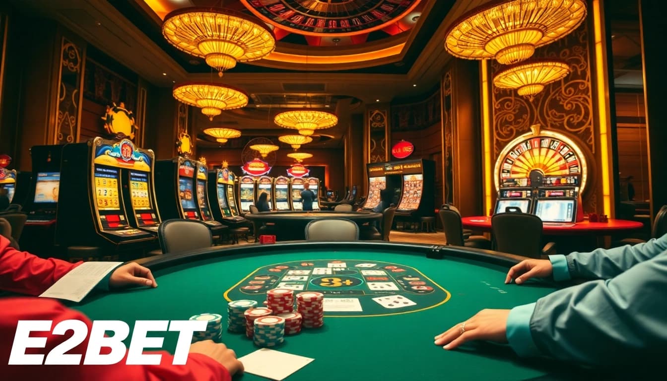Players strategizing at a lavish E2BET poker table in an elite casino setting.