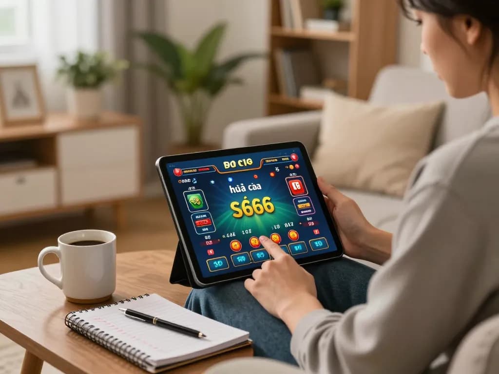 Engaging with nhà cái S666 on tablet at home, showcasing responsible gaming moments.