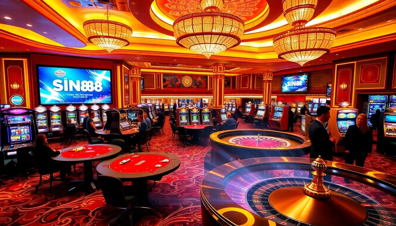 SIN88 casino gaming floor featuring exciting poker and slot machines, vibrant atmosphere.