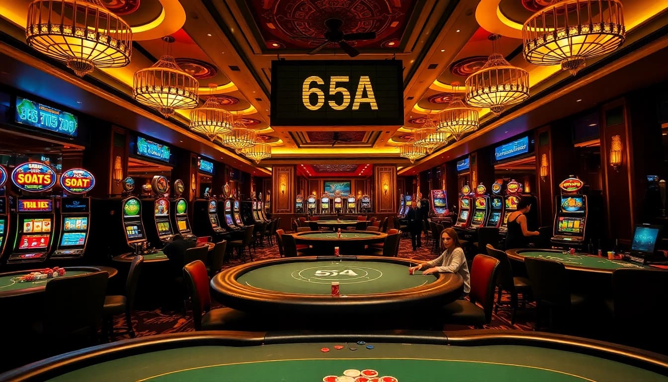 Excited gamblers playing at the luxurious "65A" casino tables with vibrant slot machines and chips.
