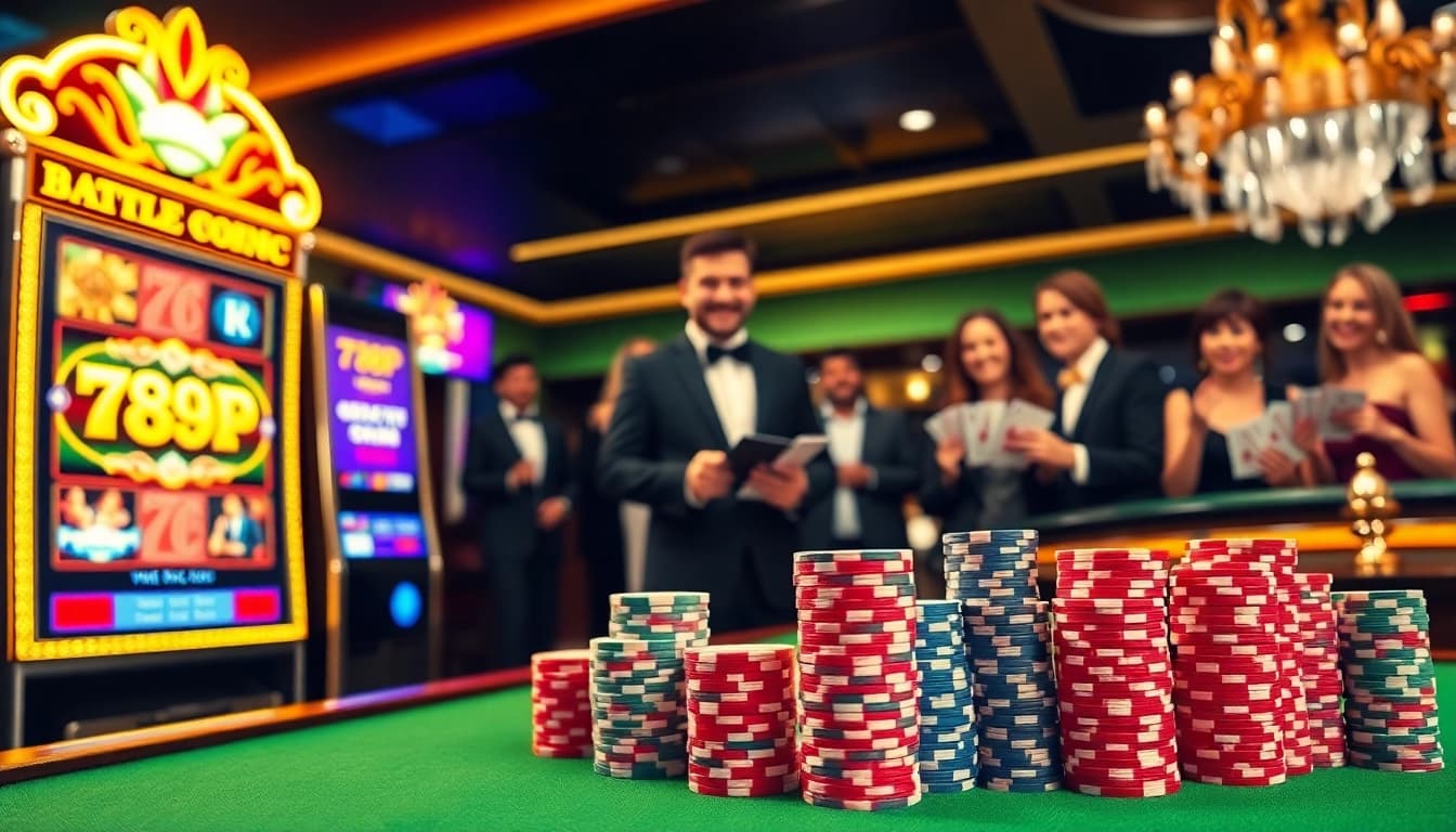 Experience the thrill of gaming with 789P at a luxurious casino setting featuring slot machines and poker chips.