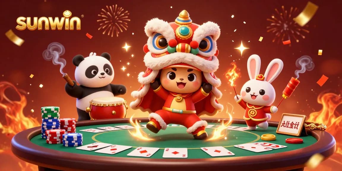 Engage with sunwin at a vibrant casino scene featuring a festive lion dance, drumming panda, and poker elements.