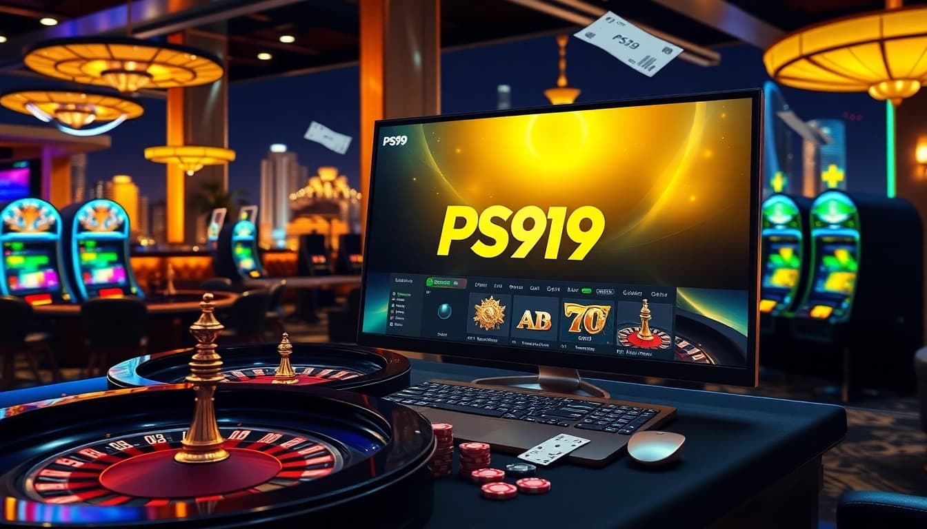 Experience the thrill of PS99 at a luxurious casino with vibrant tables and slot machines.