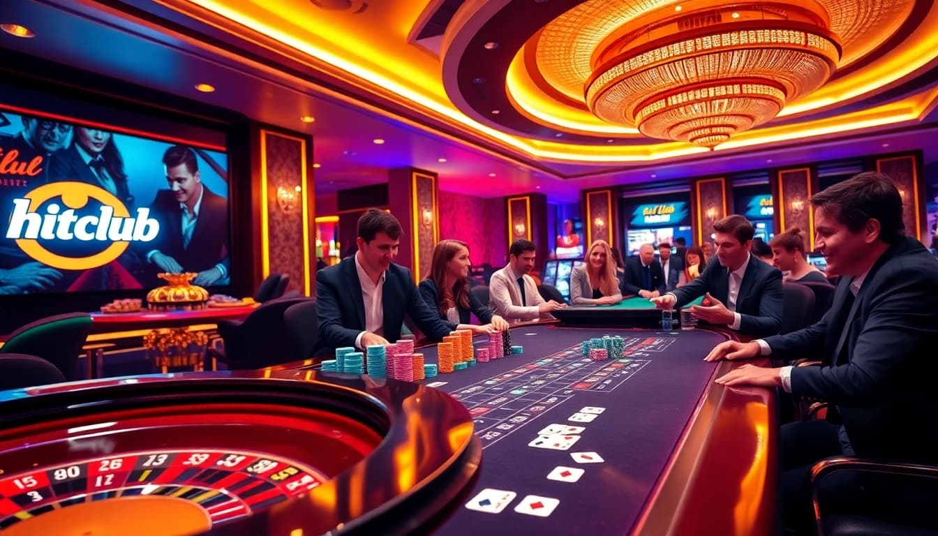 Hitclub players enjoying a luxurious casino atmosphere with colorful chips and exciting games.