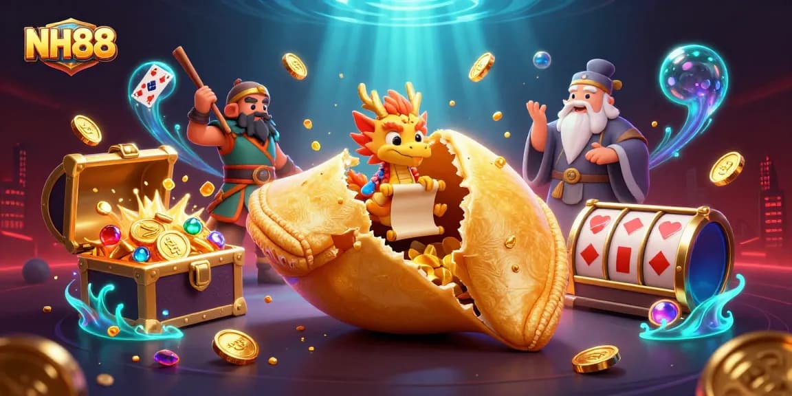 Spin to win at NH88 with a vibrant 3D illustration of fortune cookies and underwater treasures!