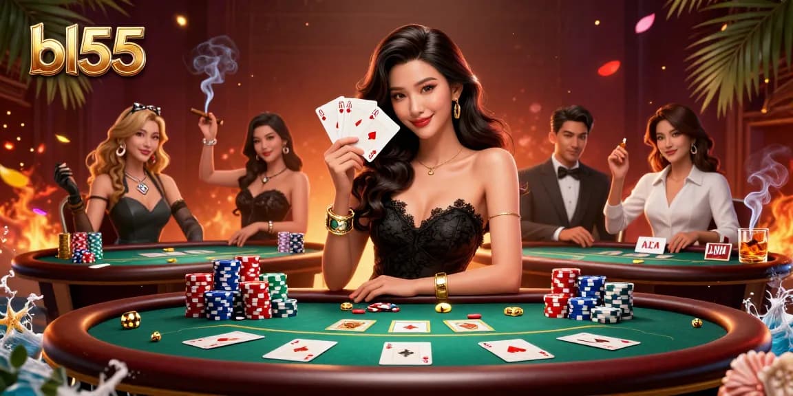 Experience excitement with bl55 as a glamorous woman showcases poker skills in a luxury casino setting.