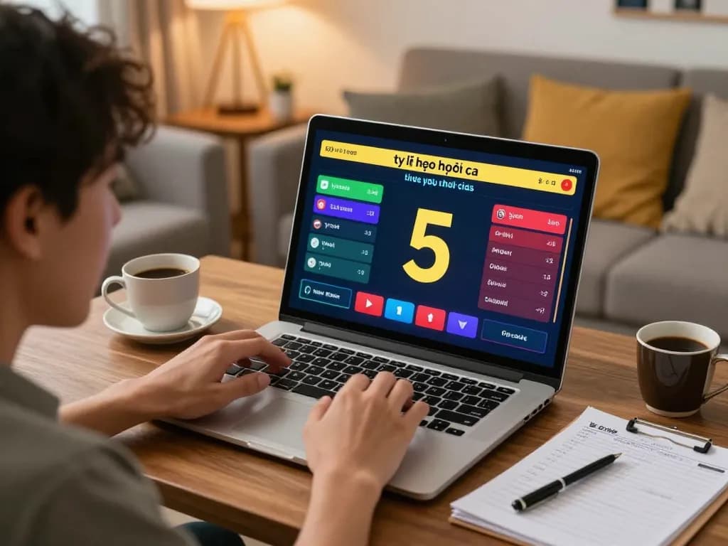 Engaged bettor analyzing tỷ lệ kèo nhà cái 5 on laptop with sports betting interface in home setting