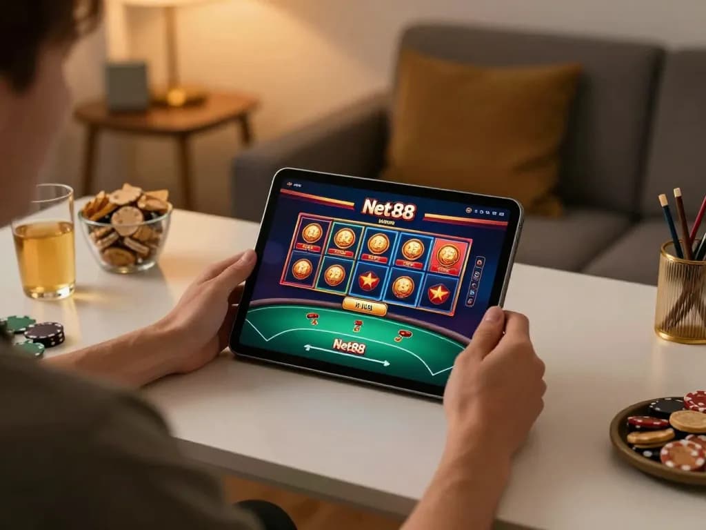 Playing poker on the Net88 app within a cozy online gaming space, showcasing dynamic engagement.
