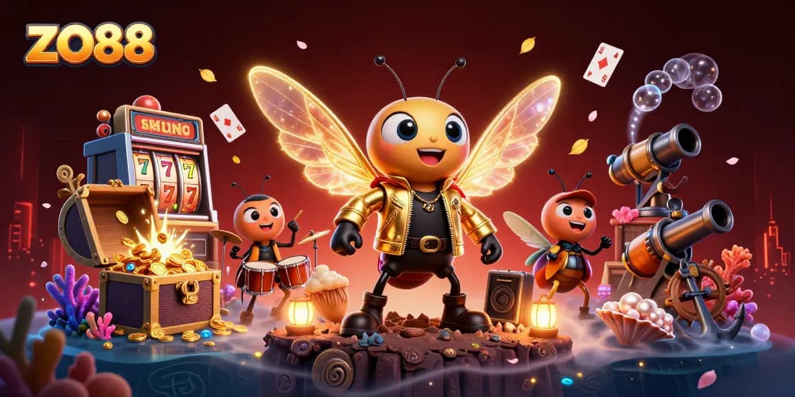 Join the fun at zo88 with vibrant slot games and energetic characters celebrating wins together.