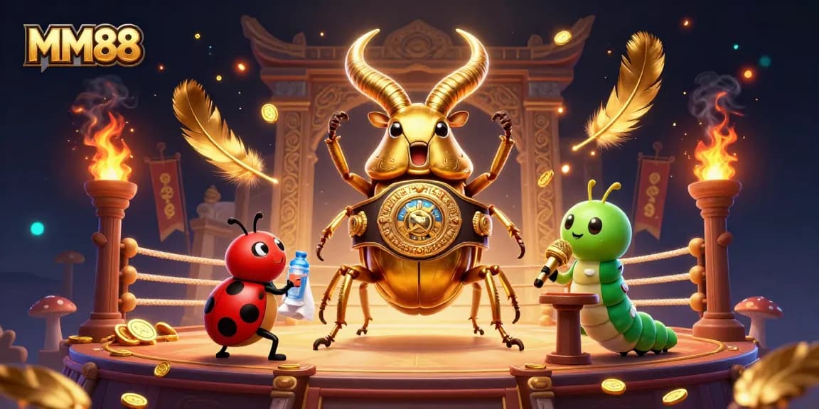 Engage with MM88's world through a vibrant 3D gambling scene featuring a champion stag beetle.