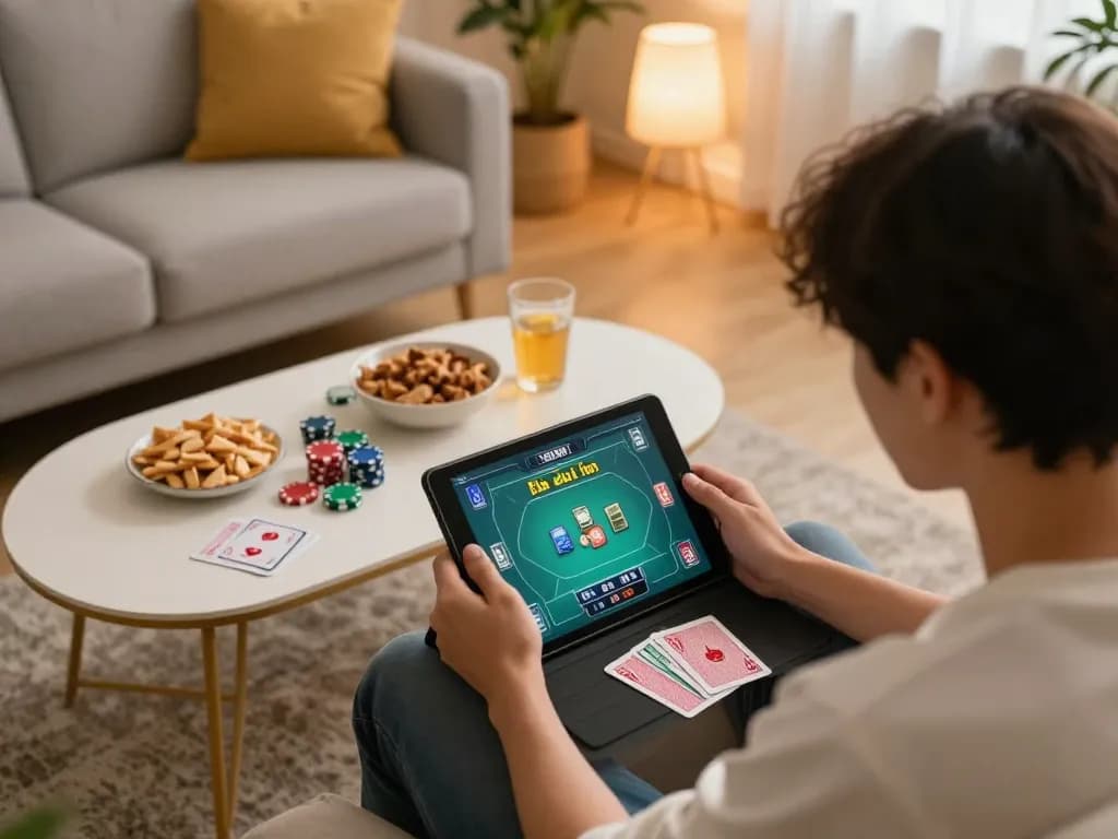 Engaging in Game bài đổi thưởng at home, showcasing strategic gameplay on a tablet in a cozy setting.